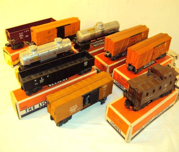 ABT: 9 Assorted Lionel Rolling Stock Items/OBs: Paul V. Ambrose and Drew J. Bauer present: These are nine assorted Rolling Stock Items that Lionel made Post War. Great group for the Layout. Includes two #3656 Operating Cattle Cars, a $6465 Sunoco T