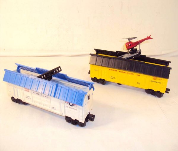 ABT: Lionel #3619 Yellow Reconnaissance Car & #366: Paul V. Ambrose and Drew J. Bauer present: These are the #3619 Yellow Reconnaissance Car & the #3665 Minuteman Car that Lionel made in the 1960s. Includes Original broken red Helicopter. Please add $1