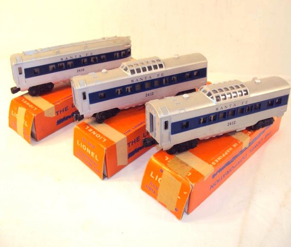ABT: Lionel #2412/2412/2416 Santa Fe Passenger Car: Paul V. Ambrose and Drew J. Bauer present: These are two #2412 Santa Fe Vista Domes and the #2416 Observation Car that Lionel made circa 1960. Includes three Original Perforated Boxes. Please add $20.