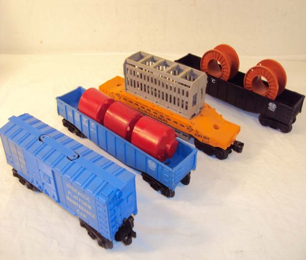 ABT: Lionel #3357/6062/6162/6519 Cars: Paul V. Ambrose and Drew J. Bauer present: These are the #3357 Maintenance Car, the #6519 Allis Chambers Car, the #6062 Gondola Car and the #6162 Gondola Car that Lionel made in the 1950/60s. Please a