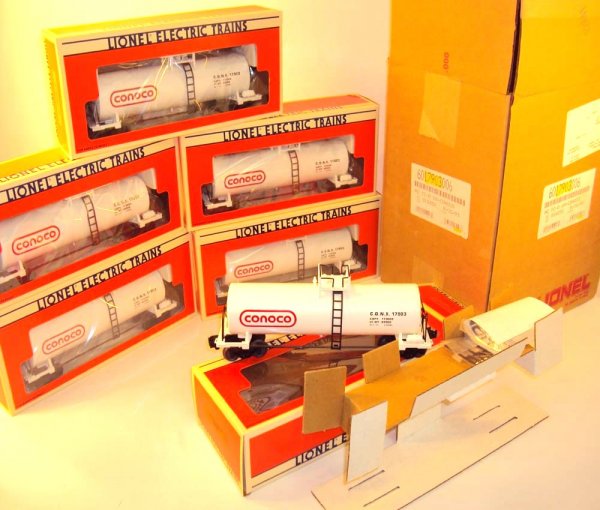 ABT: Mint Case of 6 Lionel #17903 Conoco Tank Cars: Paul V. Ambrose and Drew J. Bauer present: These are a case of #17903 Conoco Tank Cars (6 cars) that Lionel made a few years ago. Our Opinion is that they are generally in Mint Condition, no signs of 