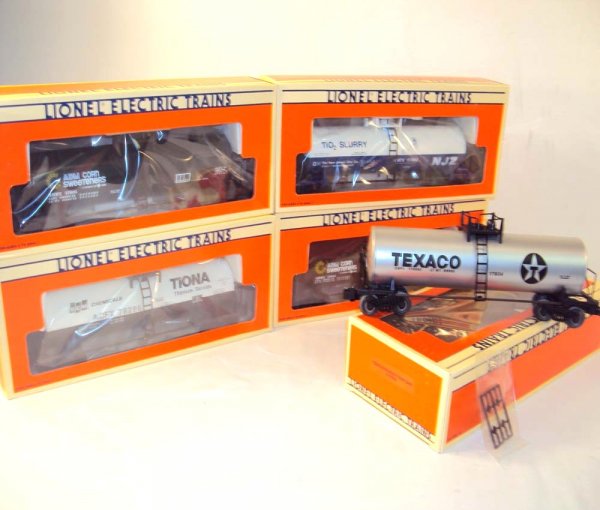 ABT: 6 Mint Assorted Lionel Unibody Tank Cars/OBs: Paul V. Ambrose and Drew J. Bauer present: These are six Assorted Unibody Standard O Tank Cars that Lionel made a few years ago. Included are two #17905 Archer Daniels Midland Uni-Body Tank Car, the #