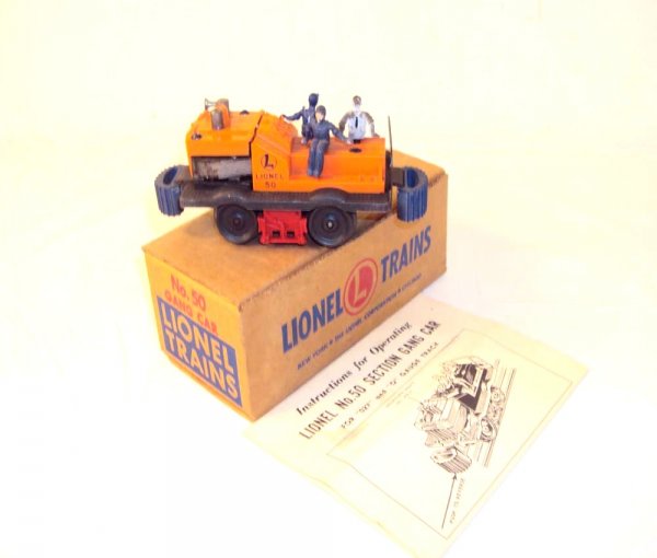 ABT: Nice Lionel #50 Operating Gang Car/Late Brown: Paul V. Ambrose and Drew J. Bauer present: This is the #50 Operating Gang Car that Lionel made in the middle 1950s. Off-center one-piece Horn and downward Bumper Brackets. Our Opinion is that it is ge