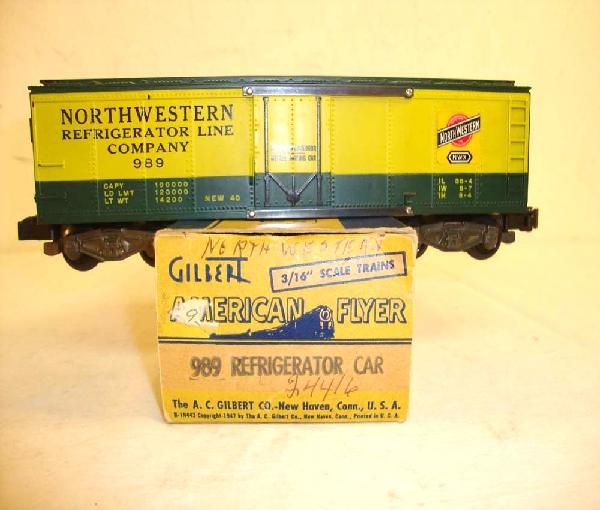 ABT: AF S: #989 Northwestern Reefer Car/OB: Paul V. Ambrose and Drew J. Bauer present: This is the #989 Northwestern Reefer Car that American Flyer made in S Gauge a few years ago. Our Opinion is that it is generally in Condition. A Nice Origin