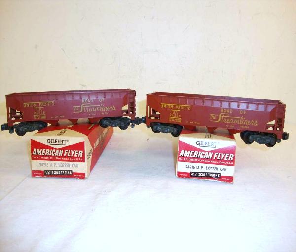 ABT: AF S: 2 #24216 Union Pacific Hoppers/OBs: Paul V. Ambrose and Drew J. Bauer present: These are two #24216 Union Pacific Hoppers that American Flyer made in S Gauge in the late 1950s. Our Opinion is that they are generally in Excellent Conditi