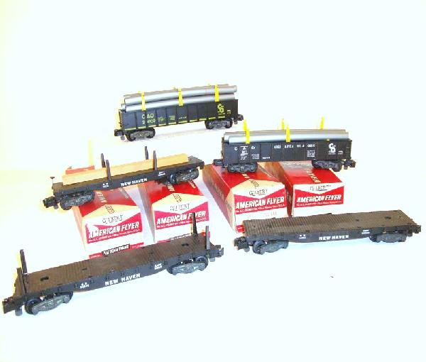 ABT: AF S: 5 Assorted Flat Cars and Gondolas/OBs: Paul V. Ambrose and Drew J. Bauer present: These are five Assorted Freight Cars that American Flyer made in S Gauge in the later 1950s. Included are 911 C&O Gondola with Pipes (two broken yellow brack