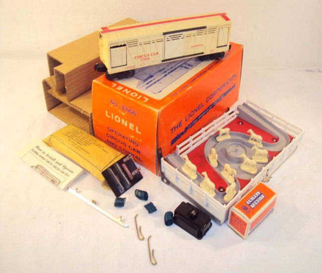ABT: Nice Lionel #3366 White Circus Car Set/OB+: Paul V. Ambrose and Drew J. Bauer present: This is the #3366 Operating Circus Car and Corral Set that Lionel made in 1959/60. Our Opinion is that it is generally in Excellent/Excellent Plus Condition;