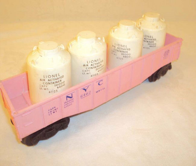 ABT: Lionel #6462-500 Girl's Pink NYC Gondola: Paul V. Ambrose and Drew J. Bauer present: This is the #6462-500 New York Central Pink Gondola with 4-White Canisters that Lionel made in 1957/58 as part of the notable Girl's Set #1587S. Our Opinion