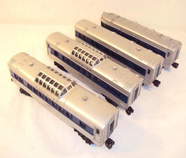 ABT: Lionel #2412 (2)/2414/2416 Blue Stripe Santa : Paul V. Ambrose and Drew J. Bauer present: These are two #2412 Vista Domes, the #2414 Pullman, and the #2416 Observation Passenger Cars with Blue Stripes that Lionel made in the Santa Fe-series circa 