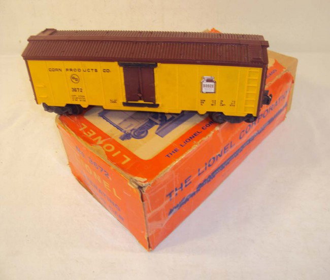 ABT: Lionel #3672 Operating Bosco Car/OB: Paul V. Ambrose and Drew J. Bauer present: This is the #3672 Operating Bosco Car that Lionel made circa 1959/60. Our Opinion is that it is generally in Very Good Condition. Car only; no stand or milk 