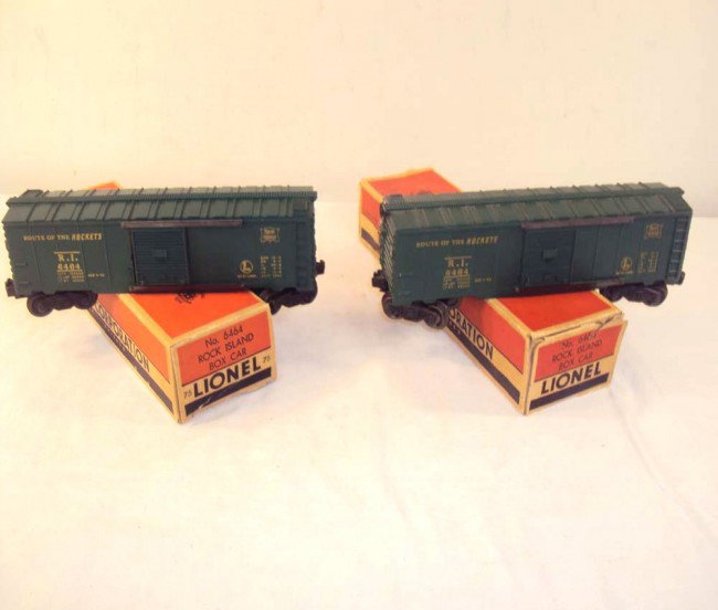 ABT: 2 Lionel #6464-75 Green Rock Island Box Car/O: Paul V. Ambrose and Drew J. Bauer present: These are two #6464-75 Rock Island Green Box Car that Lionel made in the 1950s. Our Opinion is that they are in generally in Very Good Plus Condition. The Or