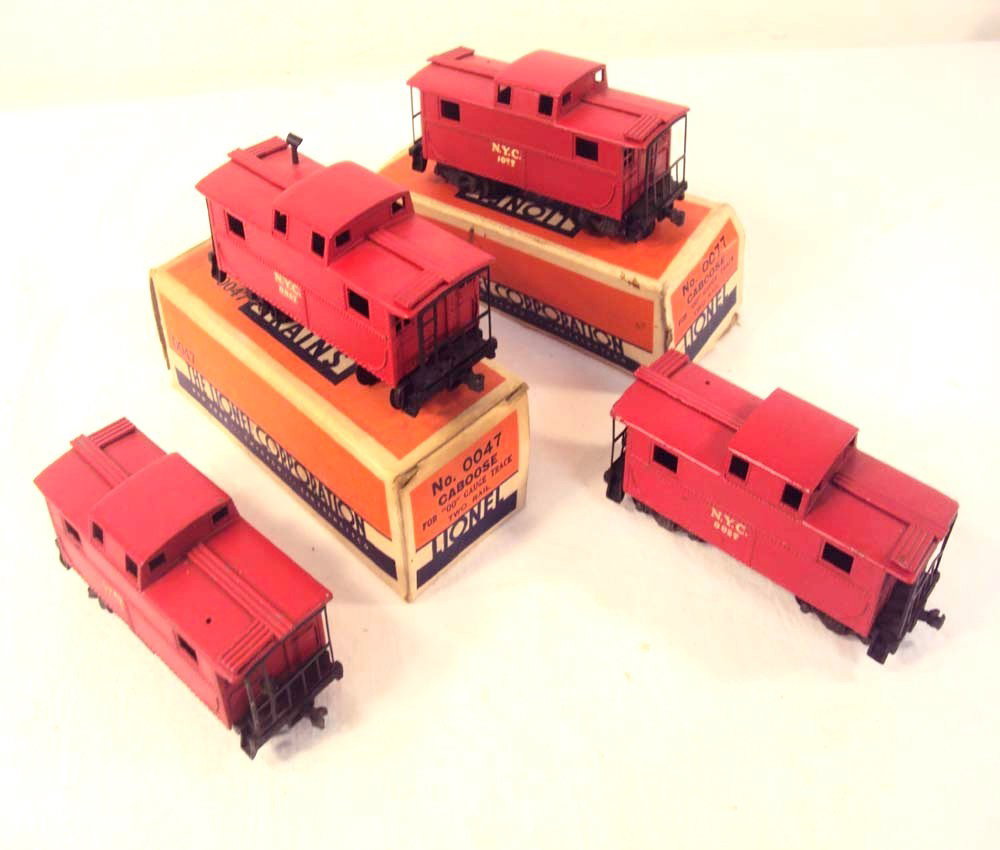 ABT: 4 Lionel OO Gauge #0027 (2), #0047 & #0077 Cab: Paul V. Ambrose and Drew J. Bauer present: These are the #0027 (2), #0047, and #0077 NYC Cabooses that Lionel made OO gauge circa 1940. Our Opinion is that the Lot averages Excellent Condition; one ex