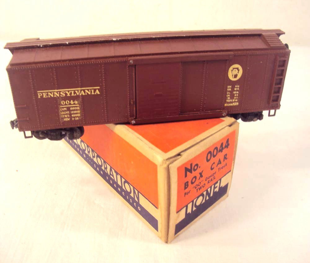 ABT: Lionel OO Gauge #0044 Pennsylvania Box Car/OB: Paul V. Ambrose and Drew J. Bauer present: This is the #0044 Pennsylvania two-rail Box Car that Lionel made in OO-gauge circa 1940. Our Opinion is that it is generally in Excellent Condition. The Orig