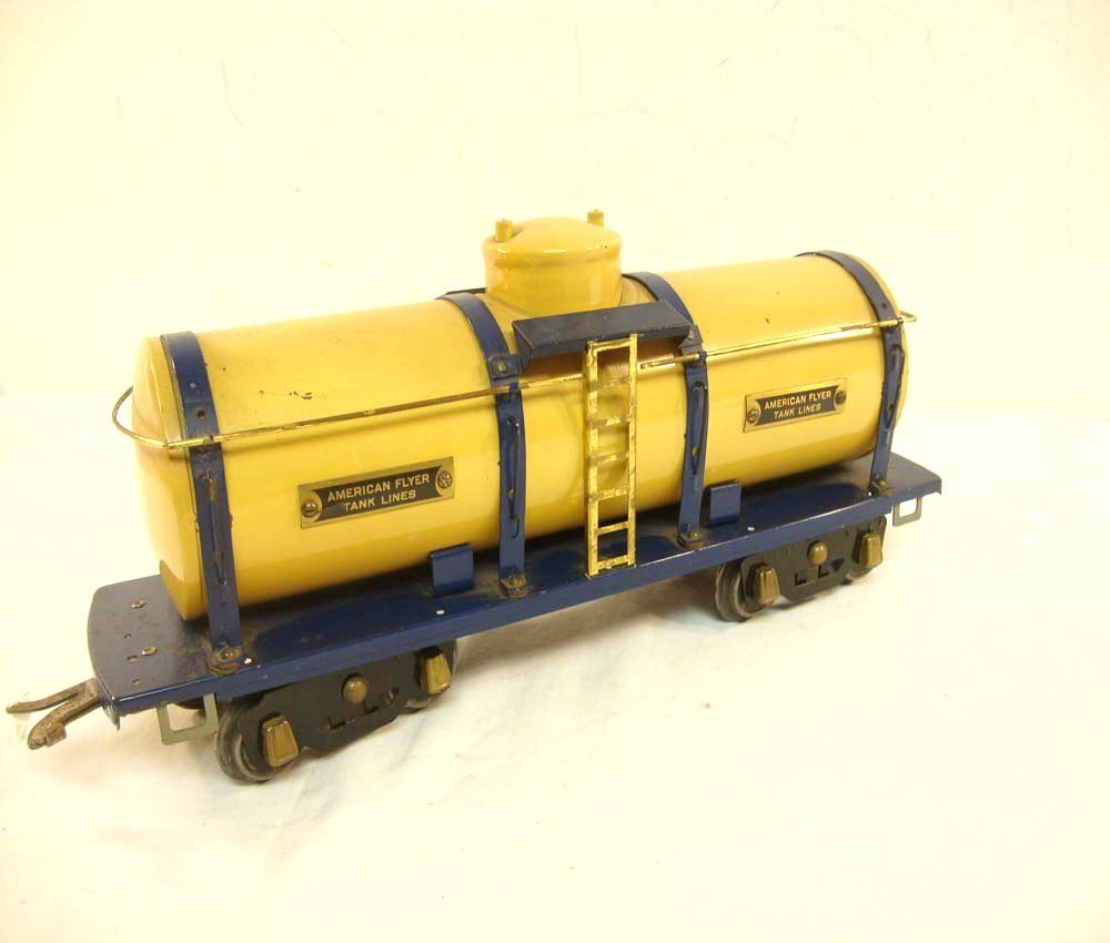 ABT: AF Wide Gauge #4010 Yellow & Blue Tank Car: Paul V. Ambrose and Drew J. Bauer present: This is the #4010 Yellow & Blue Tank Car that American Flyer made in Wide Gauge circa the late 1920s. Our Opinion is that it is generally in Excellent Condit