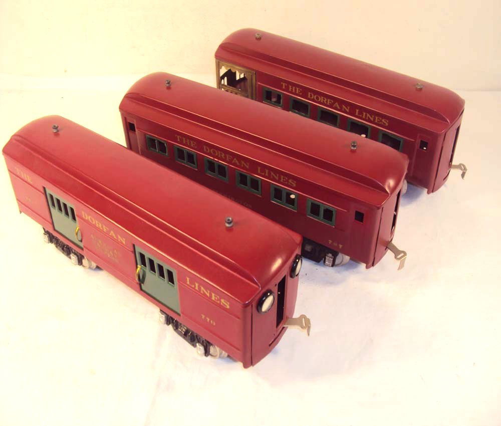 ABT: Dorfan Wide Gauge #770/787/789 Passenger Cars: Paul V. Ambrose and Drew J. Bauer present: These are the #770 Baggage Car, #787 Washington Pullman, and the #789 Observation Car that Dorfan made in Wide Gauge circa 1930. Professionally Restored. Our