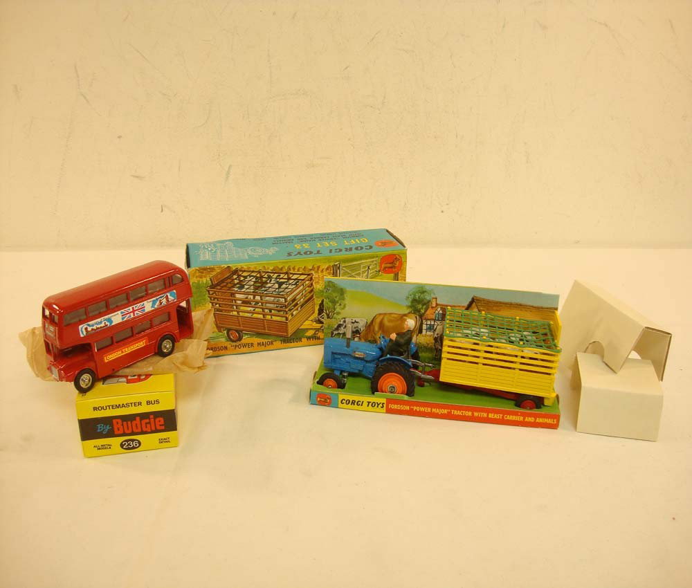 ABT: Corgi #33 Tractor w/Farm Animals & Budgie #23: Paul V. Ambrose and Drew J. Bauer present: These are the #33 Tractor with Farm Animals and the #236 Double Decker 'Routemaster' Bus that Corgi & Budgie made some years ago. Please review all pictures;