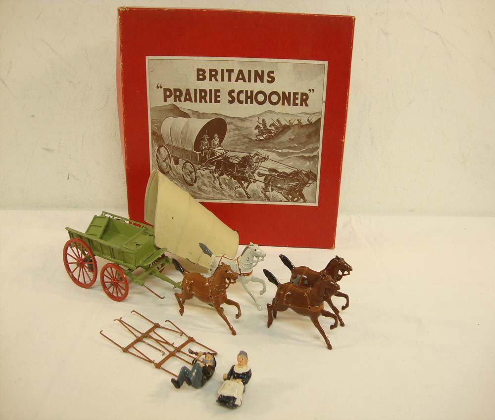 ABT: Britains LTD. #2034 Prairie Schooner/OB: Paul V. Ambrose and Drew J. Bauer present: This is the #2034 Prairie Schooner that Britains LTD. made some years ago. Please look at all the pictures; the paint on the horse is chipped and the wagon i