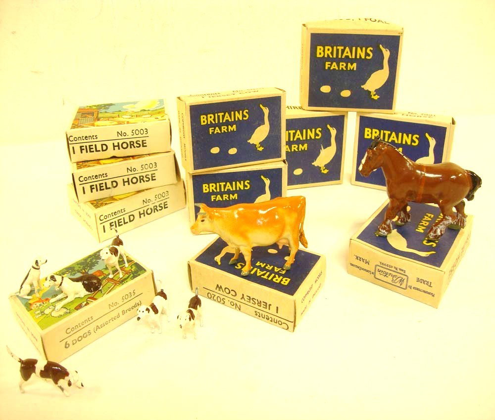 ABT: Britains LTD. Assorted Farm Animals/OBs: Paul V. Ambrose and Drew J. Bauer present: These are the Assorted Farm Animals that Britains LTD. made some years ago. Included are #5035 6 dogs, #5020(3) Jersey Cow, #5001(3) Shire Horse, #5003(3) Fi