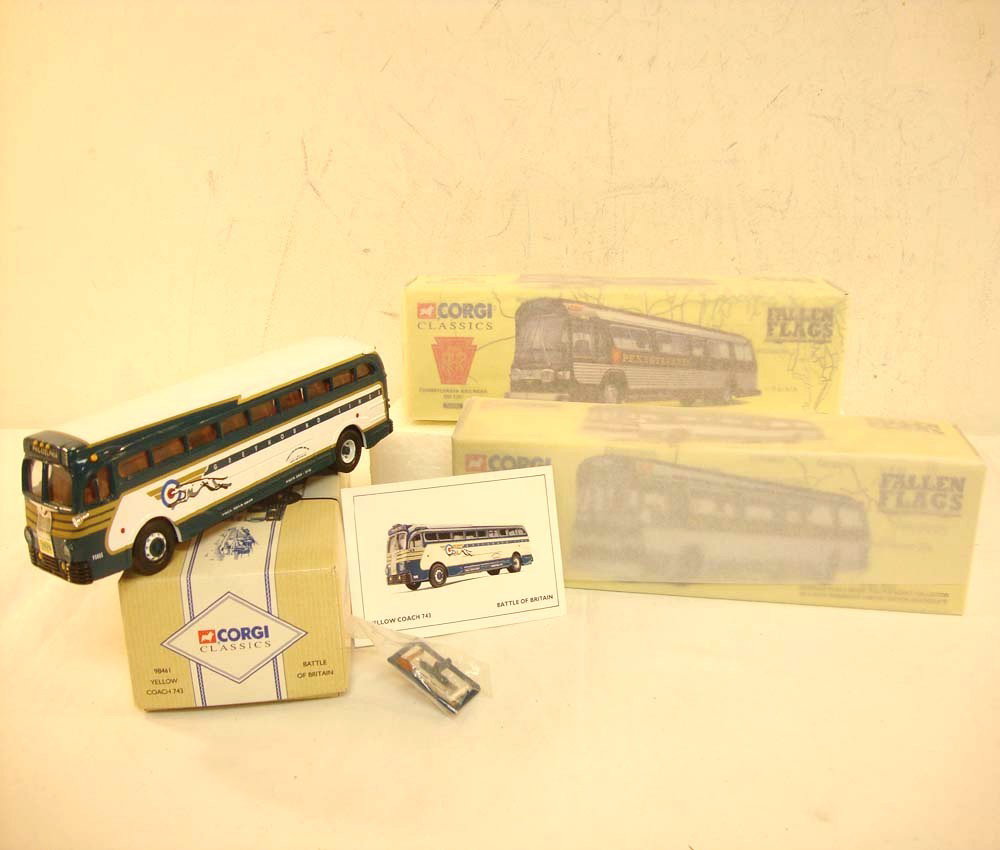 ABT: Mint Corgi #98461/54502/54605 Buses/OBs: Paul V. Ambrose and Drew J. Bauer present: These are the #98461 Yellow Coach, the #54502 Pennsylvania Railroad,and the #54605 Reading Lines that Corgi made some years ago. Our Opinion is that they are