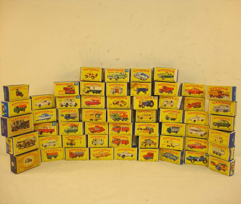 ABT: Great Group of 56 Empty Matchbox Boxes: Paul V. Ambrose and Drew J. Bauer present: These are 56 assorted Original Boxes for items that Matchbox made some years ago. PLEASE REMEMBER THAT YOU ARE ONLY BIDDING ON THE ORIGINAL BOXES. Examine ca