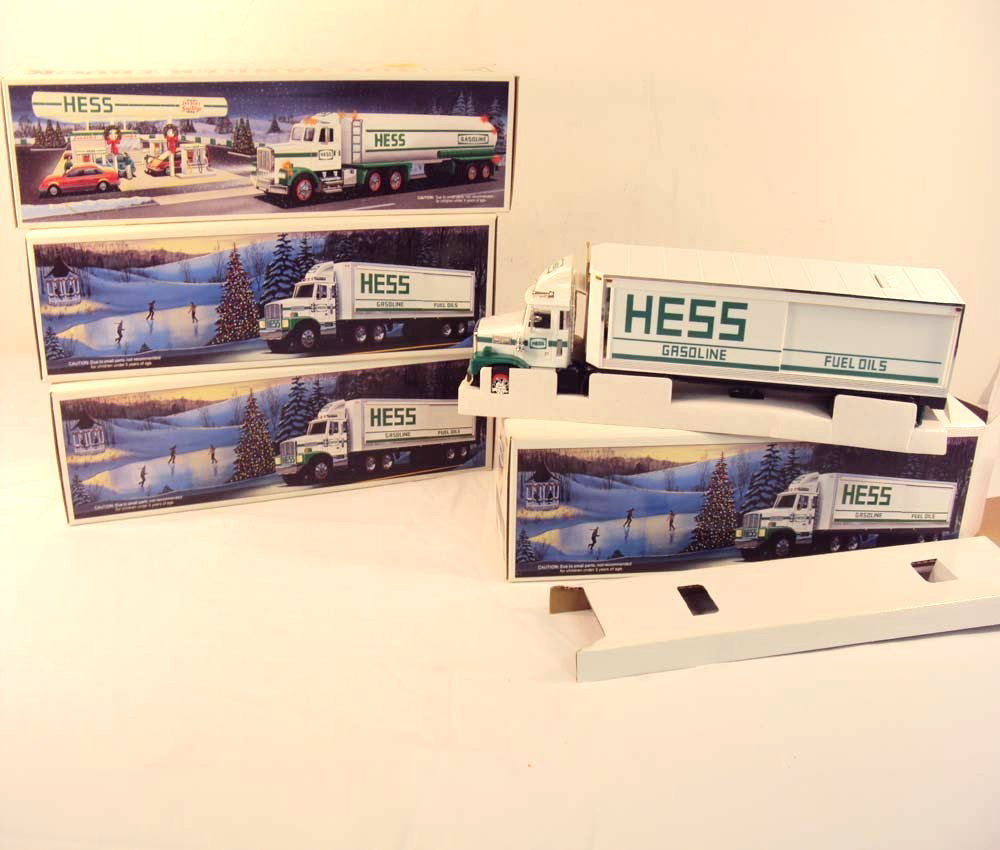 ABT: 3 Hess 1987 Trucks & 1 1990 Truck/OBs: Paul V. Ambrose and Drew J. Bauer present: These are four Collectible Hess Vehicles; three for 1987 and one made for 1990. Our Opinion is that they are generally in Mint Condition. Nice Original Boxes