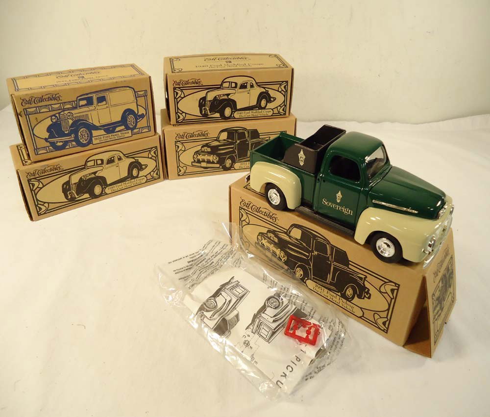 ABT: 5 Assorted Ertl Collectible Vehicle Banks/OBs: Paul V. Ambrose and Drew J. Bauer present: These are five Assorted Ertl Collectible Vehicle Banks. Included are two #19269 (1951) Sovereign Bank Trucks, two #K128 1951 Coupes,and #F488 1932 Panel Truc