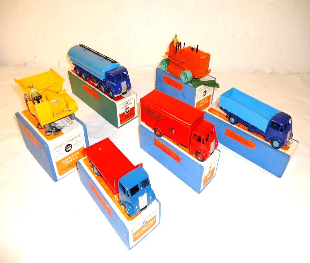 ABT: 6 Great Vintage Dinky Vehicles/OBs: Paul V. Ambrose and Drew J. Bauer present: These are Vehicles #562, #563, #513, #504, #514 and #521 (tractor belts are crumbled) that Dinky made some time ago. Includes great Original Boxes as shown. 