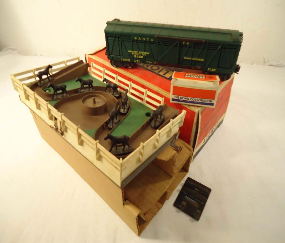 ABT: Lionel #3356 Horse Car Set/OB+: Paul V. Ambrose and Drew J. Bauer present: This is the #3356 Operating Horse Car Set that Lionel made in the later 1950s. Includes OB and peripherals as pictured. Please add $15.00 for US-48 Shipping