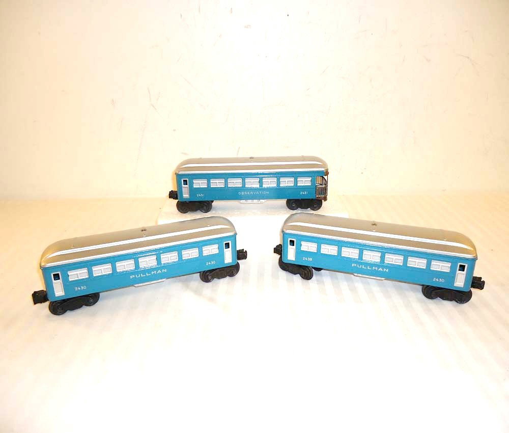 ABT: Lionel #2430 (2) & #2431 Passenger Cars (R): Paul V. Ambrose and Drew J. Bauer present: These are the #2430 (2) and #2431 Blue Passenger Cars that Lionel made circa the late 1940s. Repainted and no Boxes. Please add $15.00 for US-48 Shipping and