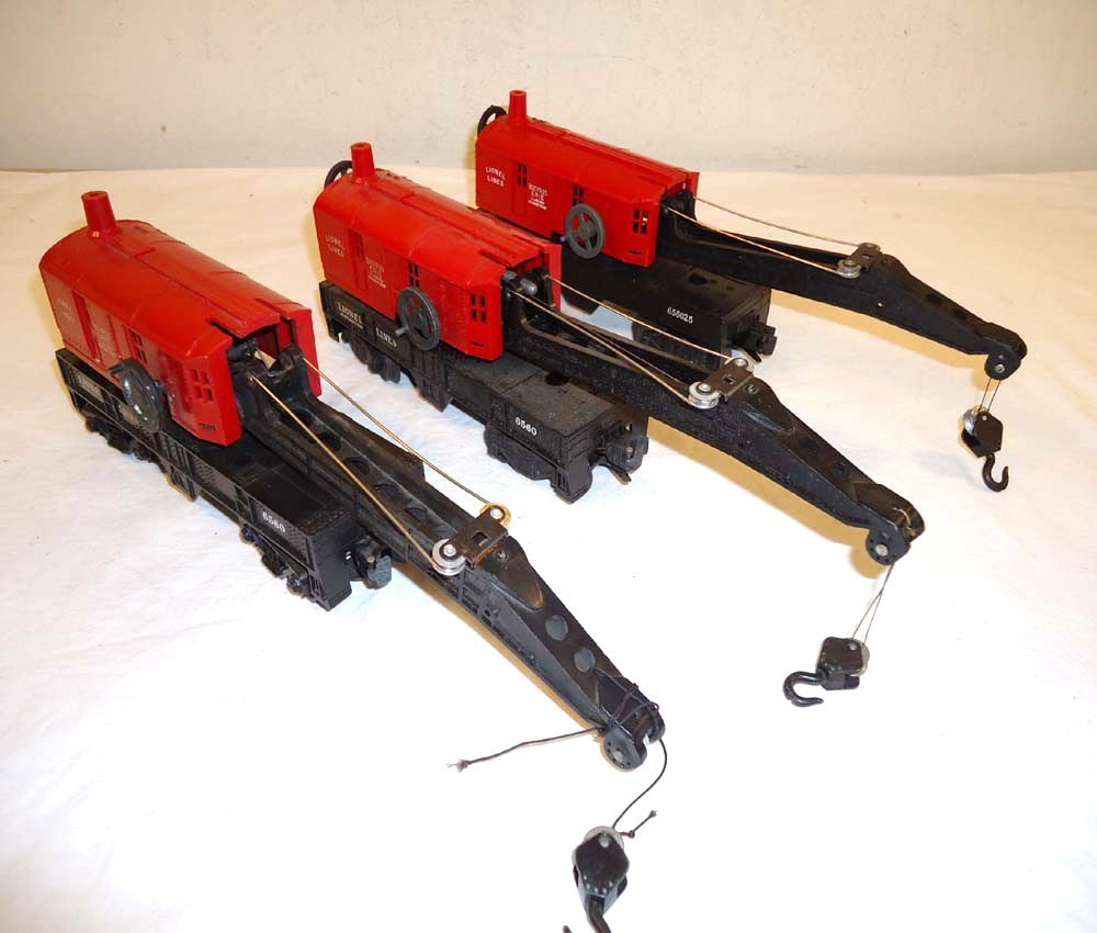 ABT: 3 Variations Lionel #6560 Red Cranes: Paul V. Ambrose and Drew J. Bauer present: These are three #6560 Red Cranes that Lionel made circa the middle 1950s. Please review the pictures and note one model numbered '656025'. What you see is wh