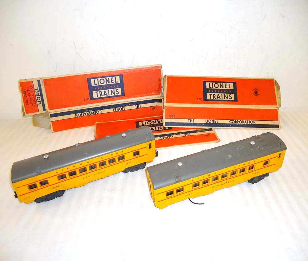 ABT: Lionel #2481 & #2482 UP Anniversary Passenger: Paul V. Ambrose and Drew J. Bauer present: These are the #2481 (missing Truck) and #2482 Yellow Anniversary Passenger Cars that Lionel made circa 1950. Also included are the #2481/82/83 Original Boxes