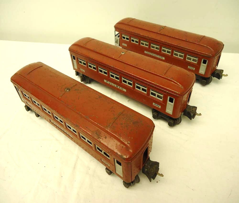 ABT: Lionel #2642 (2) & #2643 Brown Passenger Cars: Paul V. Ambrose and Drew J. Bauer present: These are the #2642 (2) and the #2643 Brown Passenger Cars that Lionel made Pre War. No Boxes. Please add $16.00 for US-48 Shipping and Insurance.