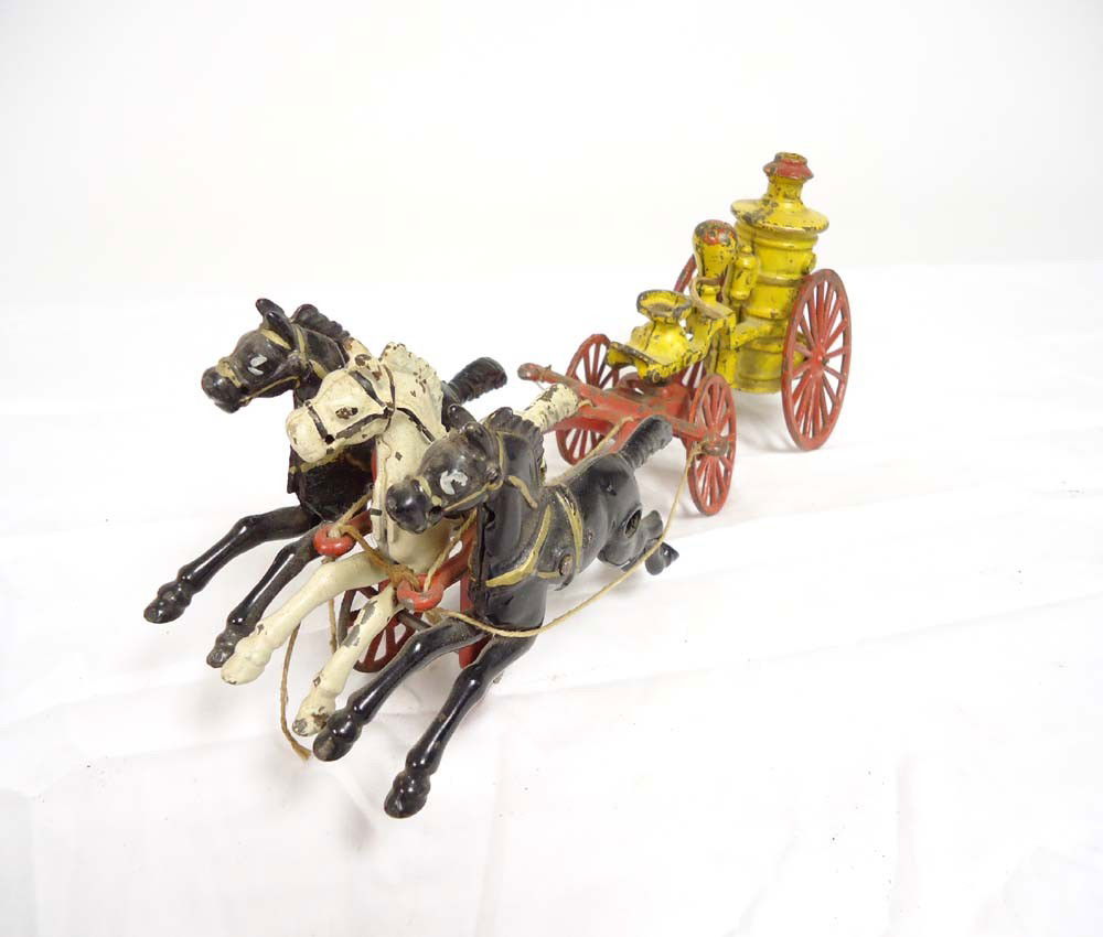 ABT: Unusual Horse Drawn Fire Wagon: Paul V. Ambrose and Drew J. Bauer present: This is the die-cast Horse Drawn Fire Wagon with Water Tank by an unknown Maker sometime long ago. Tis example measures apprx. 16-inches in length. Please ad