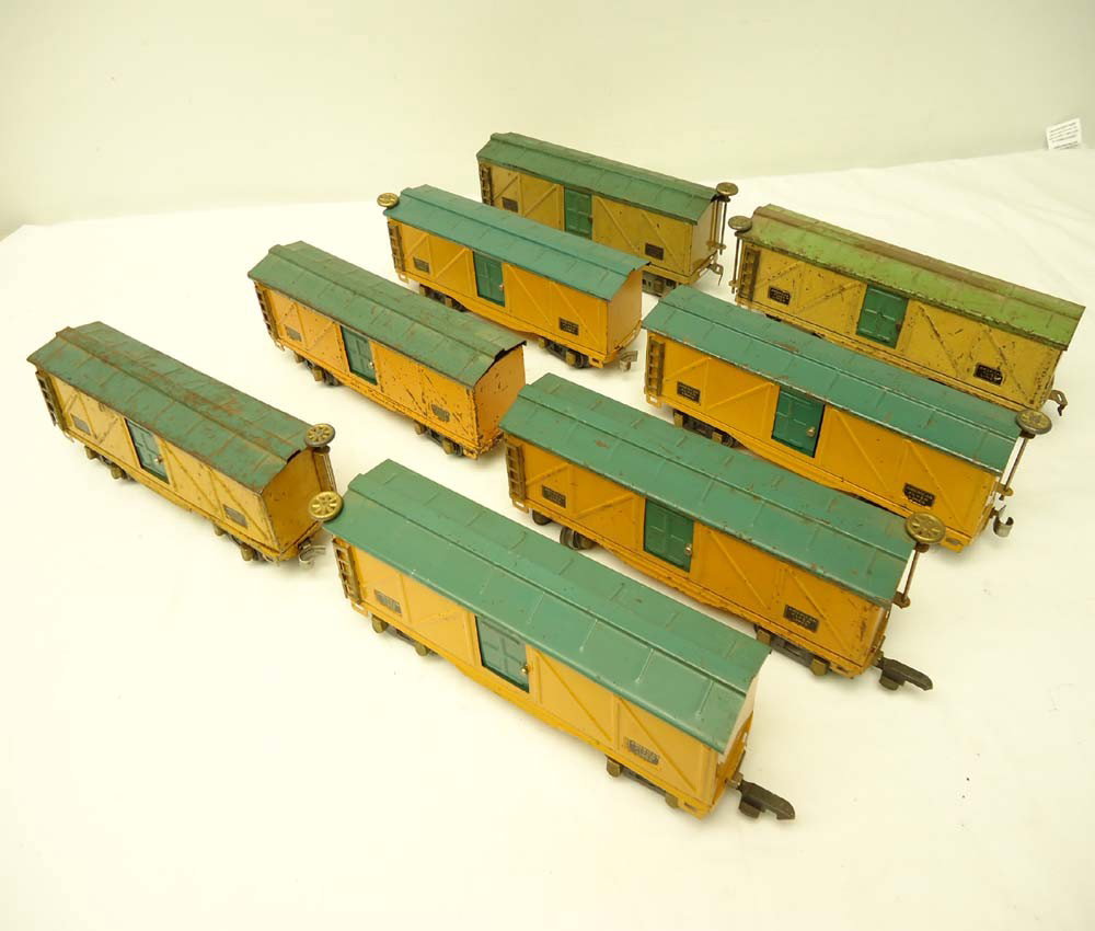 ABT: 8 AF #3208-type O Gauge Box Cars: Paul V. Ambrose and Drew J. Bauer present: These are eight assorted #3208-type Box Cars that American Flyer made in O gauge circa 1940. What you see is what you will receive; no Boxes. Please add $25.
