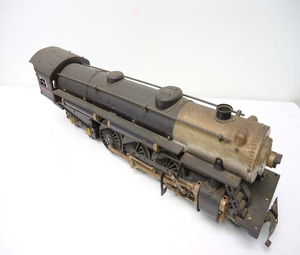 ABT: Massive A.C. Gilbert/Erector Steam Engine: Paul V. Ambrose and Drew J. Bauer present: This is a massive Steam Engine that measures approx. 27-inches in length w/Erector Decal on Cab that A.C. Gilbert made circa 1940. Note one missing wheel on 