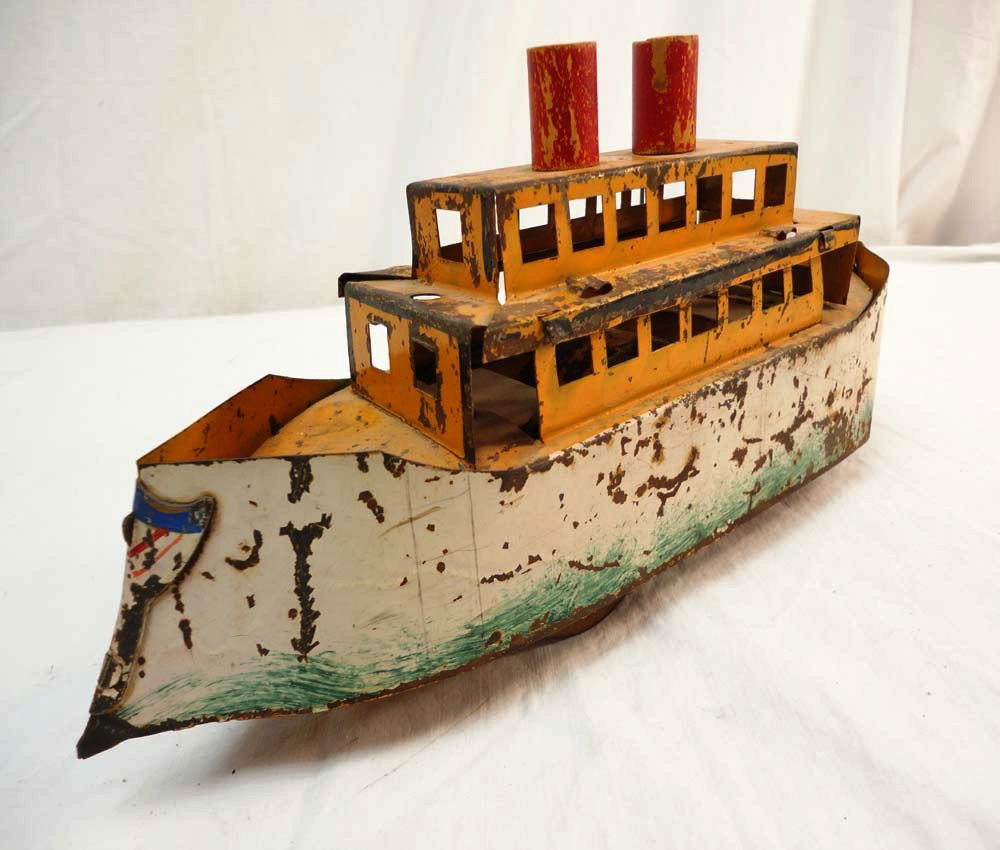 ABT: Rare Turn-of-Century Friction-Wheel Steam Boa: Paul V. Ambrose and Drew J. Bauer present: This is a rare friction-wheel stamped-steel Steam Boat by an unknown Maker circa the early 1900s. The Hull measures approx. 13-inches in length; no Box. Plea