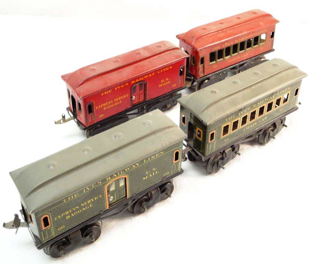 ABT: Ives O Gauge #60/61 and #70/71 Passenger Cars: Paul V. Ambrose and Drew J. Bauer present: These are the #60 Baggage Car, #61 Chair Car, #70 Baggage Car, and #71 Chair Car that Ives made in O gauge circa 1920s. All examples with four-wheel trucks; 