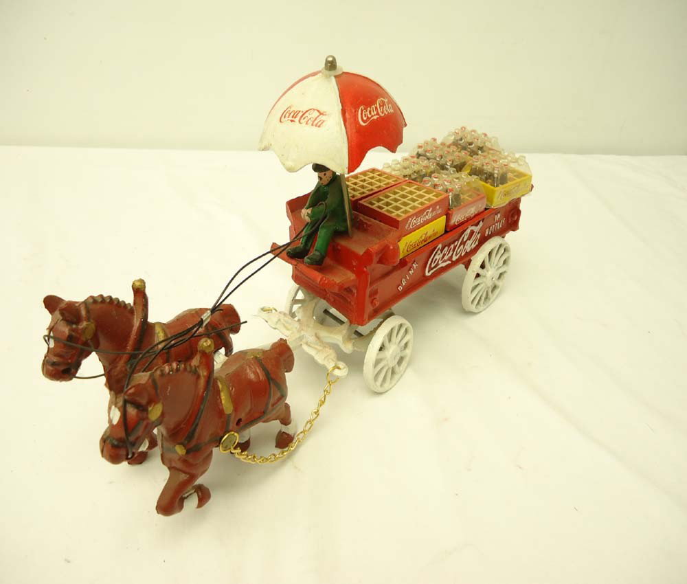 ABT: Coca Cola Die-Cast Horse Drawn Wagon: Paul V. Ambrose and Drew J. Bauer present: This is a die-cast Horse Drawn Coca Cola Wagon with nice peripherals as pictured by an unknown Maker from the recent past past. The overall length measures a