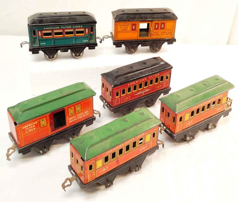 ABT: 6-item Assortment AF O Gauge #1100-series Pas: Paul V. Ambrose and Drew J. Bauer present: These are six #1100-series 4-wheel Passenger Cars that American Flyer made in O gauge circa the 1920s and 1930s. No Boxes. Please add $20.00 for US-48 Shippi