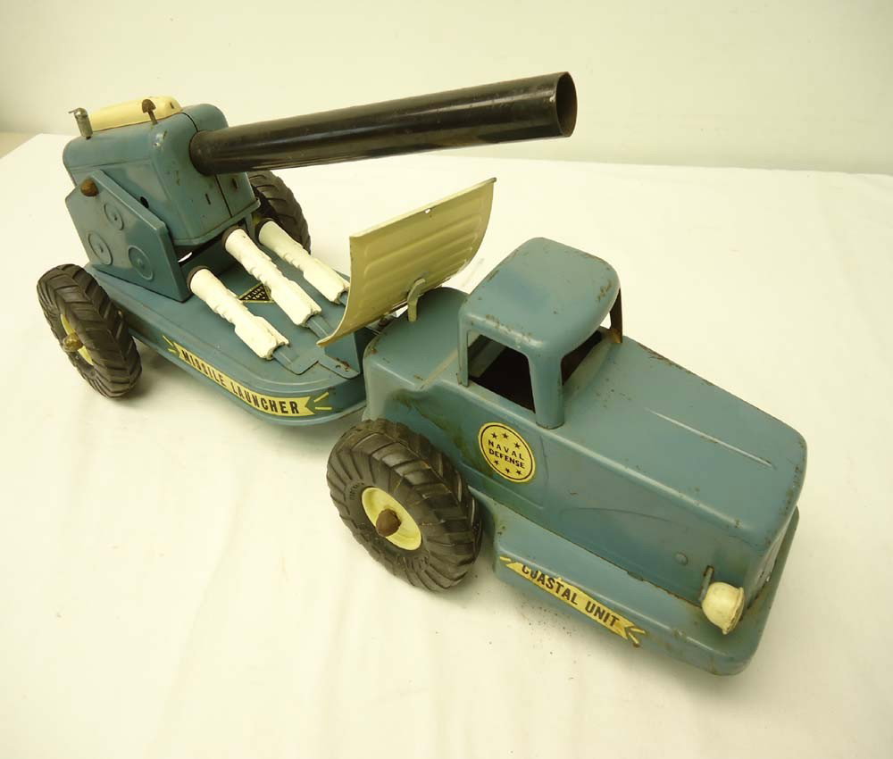 ABT: Huge NY-Lint Toys ' Missile Launcher': Paul V. Ambrose and Drew J. Bauer present: This is a large steel 'Missile Launcher' with three Missiles that NY-Lint Toys made some time in the past. The Toy measures approx. 22-inches in length. Plea