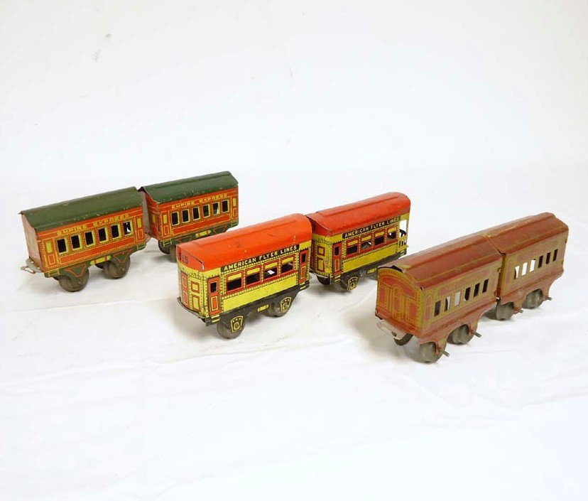 ABT: 6 Assorted AF O Gauge 'Express' Passenger Car: Paul V. Ambrose and Drew J. Bauer present: These are six assorted smaller low-end 'Express' Passenger Cars that American Flyer made in O gauge circa 1930. Included are two 'AFL', two 'Hummer', and two