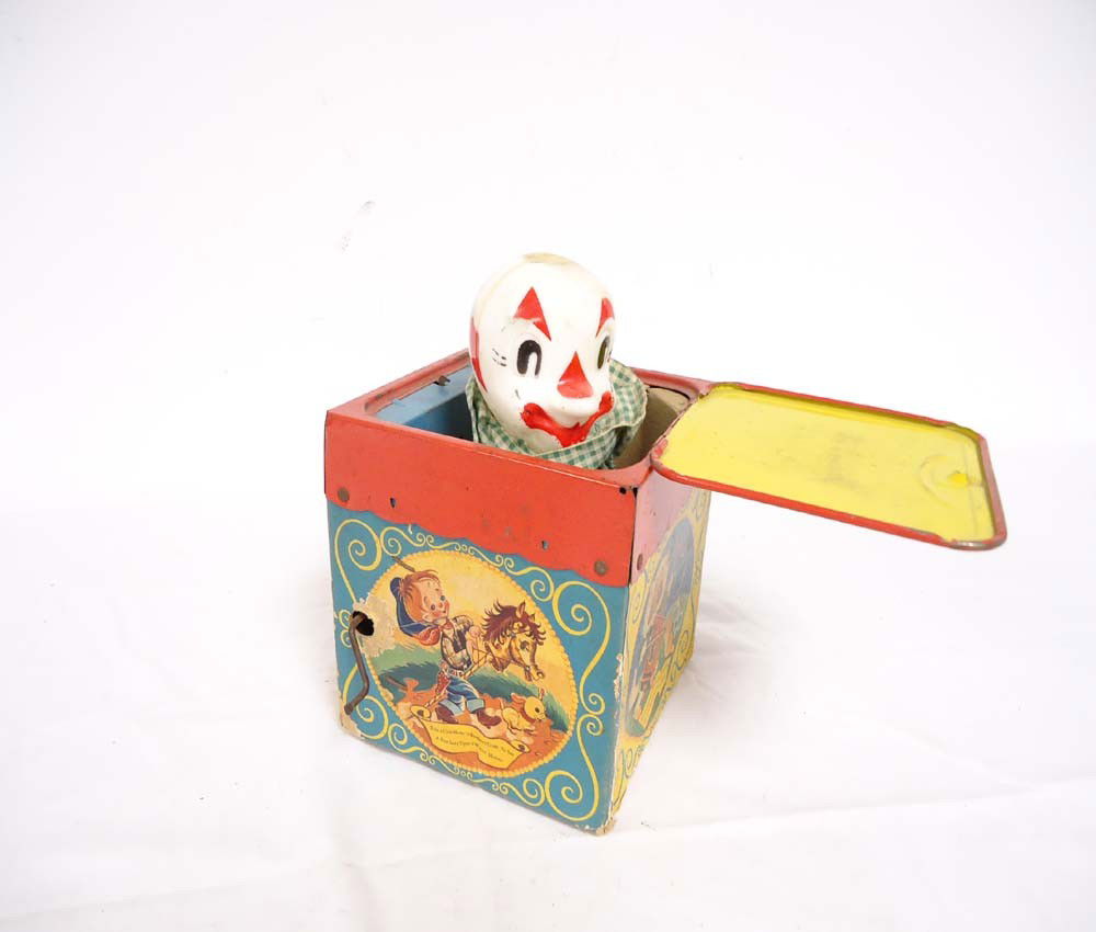 ABT: Old Mattel 'Jolly-Tune' Jack-in-the-Box: Paul V. Ambrose and Drew J. Bauer present: This is an old heavy cardstock and tin 'Jolly-Tune' Jack-in-the-Box that Mattel made circa the 1950s. Does not work; it measures approx. 9 x 9 x 9-inches. Pl