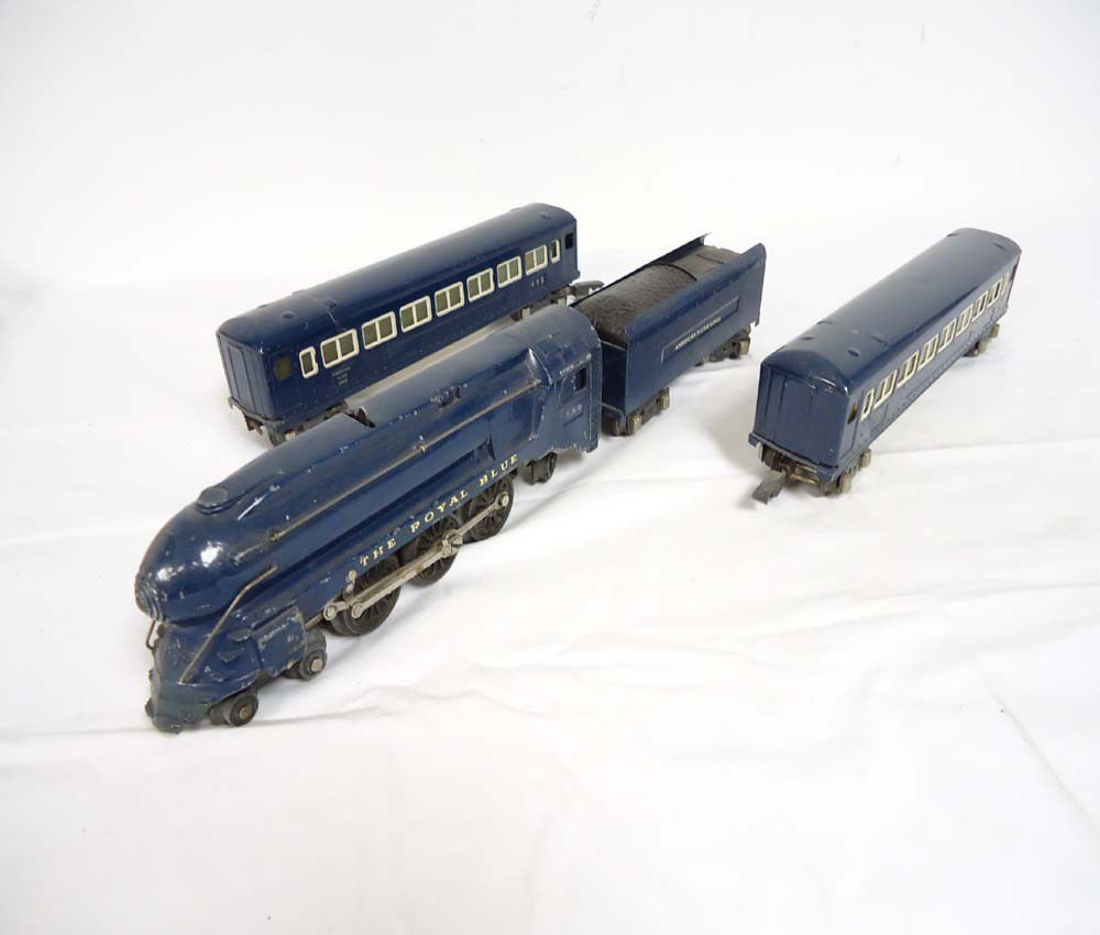 ABT: AF O Gauge 'Royal Blue' Steam Passenger Set: Paul V. Ambrose and Drew J. Bauer present: These are the #556 'The Royal Blue' Steam Engine and Tender plus two #495 Passenger Cars that American Flyer made in O gauge circa 1940. No Boxes. Please add