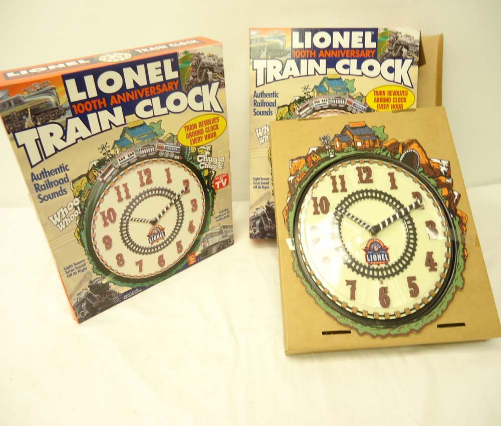ABT: 2 Mint Lionel 100th Anniversary Ltd. Edition: Paul V. Ambrose and Drew J. Bauer present: These are two 100th Anniversary Limited Edition Train Clocks (with Train Sounds) that Lionel authorized to be made a few years ago. Our Opinion is that they