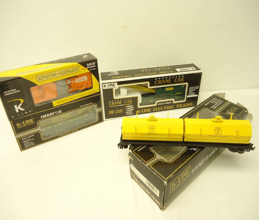 ABT: 4 Mint Assorted K-Line Freight Cars/OBs: Paul V. Ambrose and Drew J. Bauer present: These are four Assorted Cars that K-Line made a few years ago. Included are the #K681-7501 Kennecott Copper Crane, the #K651-7501 Kennecott Copper Gondola, t
