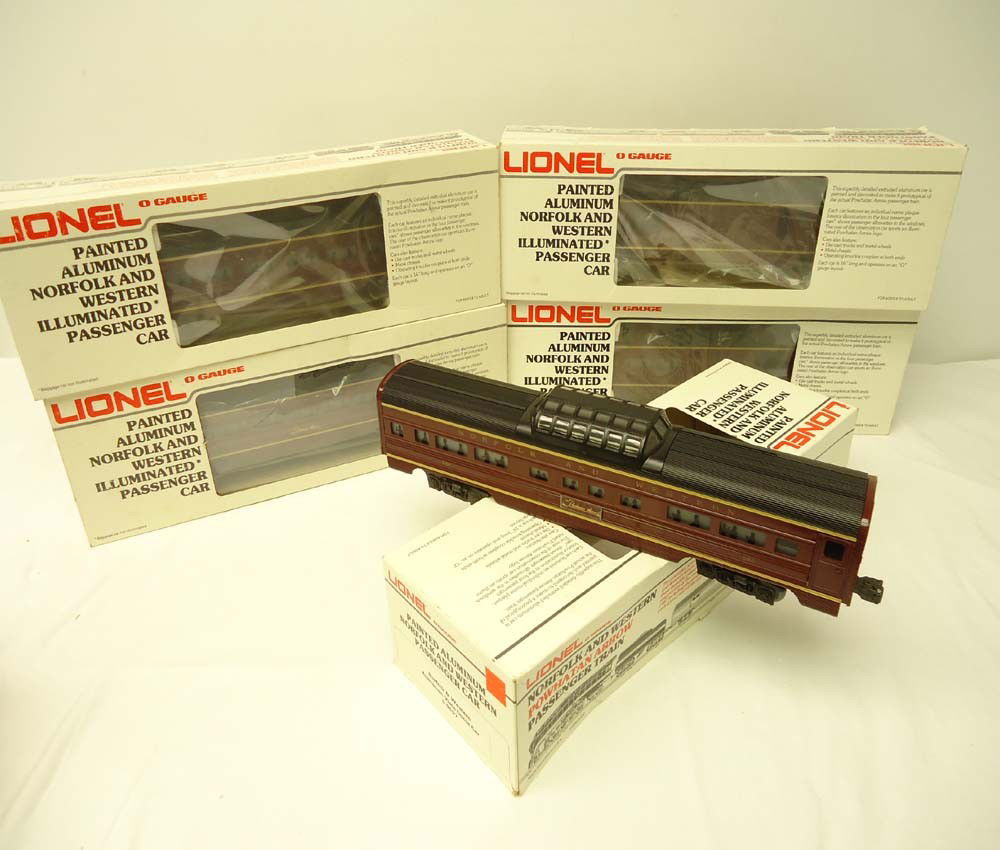 ABT: Mint Lionel #9562/63/65/66/67 N&W Streamline: Paul V. Ambrose and Drew J. Bauer present: These are five Streamline Passenger Cars that Lionel made in the 1980s for the N&W Passenger Set. Included are the #9562 Baggage, the #9563 Combo, the #9565