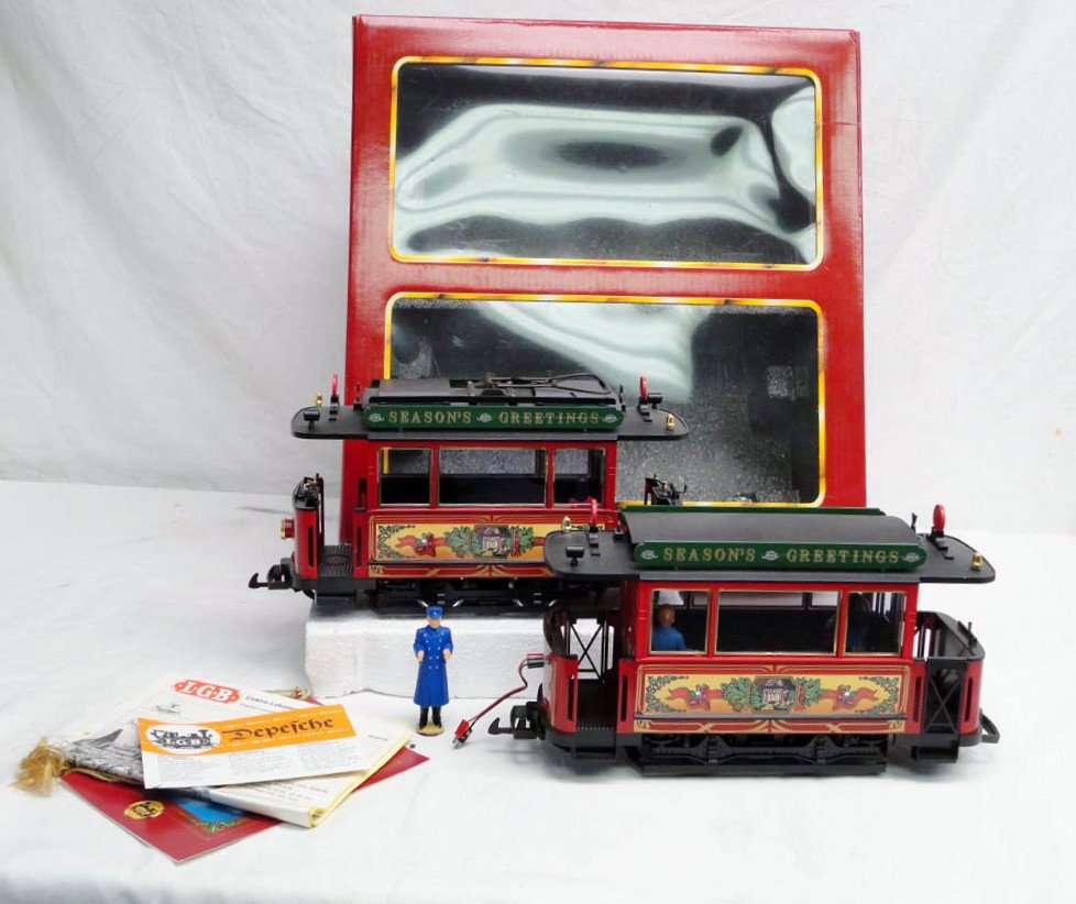 ABT: LGB G Scale: Seasons Greetings Trolley Set/OB: Paul V. Ambrose and Drew J. Bauer present: This is the Seasons Greetings Trolley Set that LGB made for G Scale a few years ago. Original Box. Please add $20.00 for US-48 Shipping and Insurance.