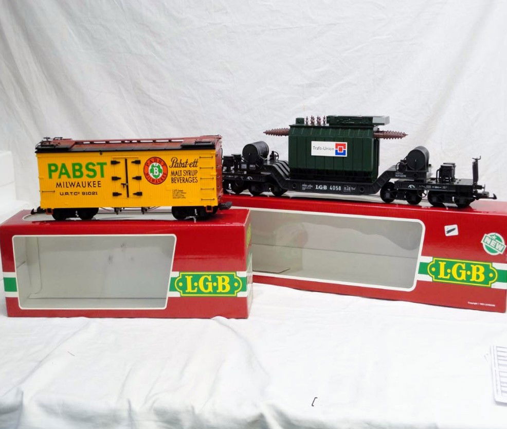 ABT: LGB G Scale: #4058 Flat Car w/Transformer and: Paul V. Ambrose and Drew J. Bauer present: These are the #4058 Flat Car w/Transformer and the #4074 Pabst Box Car that LGB made for G Scale a few years ago. Original Boxes. Please add $22.00 for US-48