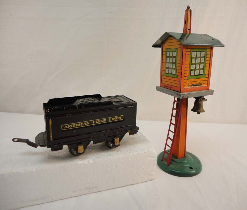 ABT: AF O Gauge #3189 Tender & Yard Tower: Paul V. Ambrose and Drew J. Bauer present: These are the #3189 Tender and unnumbered Yard Tower that American Flyer made in O Gauge Pre War. No Boxes. Please add $14.00 for US-48 Shipping and Insuranc
