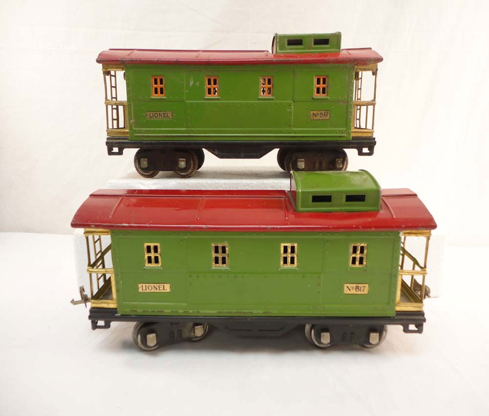 ABT: 2 Lionel Standard Gauge #517 Cabooses: Paul V. Ambrose and Drew J. Bauer present: These are two #517 Cabooses that Lionel made in Standard Gauge in the 1920s. No Boxes. Our Opinion is that they are generally in Very Good Condition. Please 